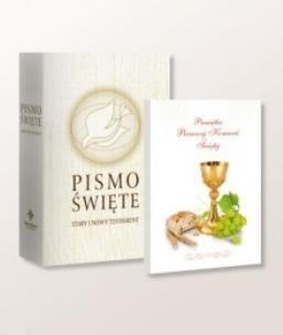 Okładka książki Pismo Święte ST i NT duże białe + Pam. I Kom. Św.