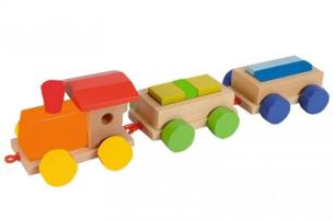 Opakowanie Eichhorn Zestaw drewnianych klocków lokomotywa z dwoma wagonami