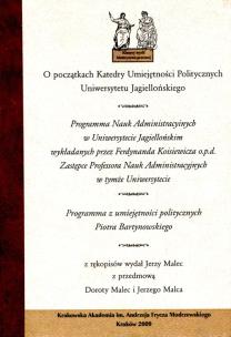 Okładka książki O początkach Katedry Umiejętności Politycznych Uniwersytetu Jagiellońskiego