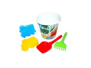 Opakowanie Zestaw Nr119: wiaderko z nalepką, łopatka Nr5, grabki Nr5, foremki (wywrotka + lokomotywa)