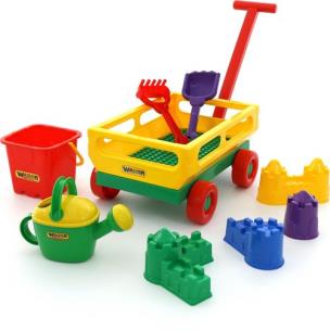 Opakowanie Zestaw Nr493: taczka z rączką Nr2 + wiaderko-twierdza duże, szofelka Nr8, grabki Nr8, foremki (zamek