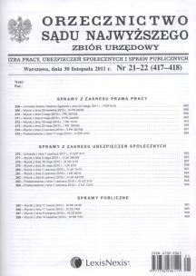 Opakowanie Orzecznictwo Sądu Najwyższego. Izba Pracy, Ubezpieczeń Społecznych i Spraw Publicznychnr 21-22/2011