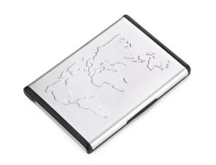 Opakowanie Etui na wizytówki TROIKA MR. SLOWHAND WORLD - aluminium, z wytłoczoną mapą świata, z funkcją podajnika
