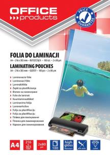 Opakowanie Folia do laminacji Office Products A4 216x303mm błyszcząca 100 sztuk transparentna