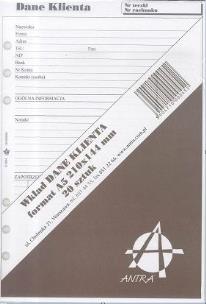 Opakowanie Wkład do organizera A5 Dane klienta ANTRA