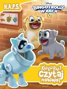 Okładka książki Bingo i Rolly w akcji. H.A.P.S. Koloruj, czytaj, naklejaj