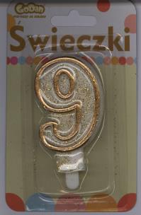 Opakowanie Świeczka cyferka złoty kontur '9'