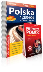 Opakowanie Polska 1:250 000 atlas samochodowy + instrukcja pierwszej pomocy 2018/2019
