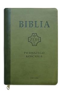 Okładka książki Biblia pierwszego Kościoła z paginat. ciemno-ziel.