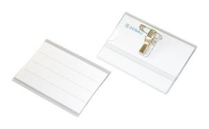 Opakowanie Identyfikator DONAU z klipsem i agrafką, otwór z boku, transparentny 50 sztuk