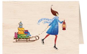 Opakowanie Karnet drewniany C6 + koperta Święta Kobieta z sankami