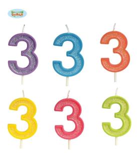 Opakowanie Brokatowa cyfra 3 świeczka na tort 4cm Mix kolorów