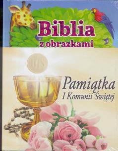 Okładka książki Pamiątka I Komunii Św - Biblia z obrazkami róż.