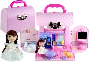 Opakowanie Rozkładany domek w walizce lalka pies dodatki róż