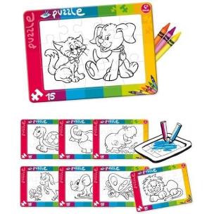 Puzzle do kolorowania 15 pies i kot. Autor: Kukuryku. Multiszop.pl Okładka książki Puzzle do kolorowania 15 pies i kot