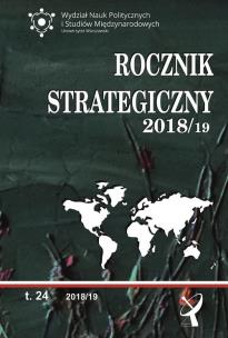 Okładka książki ROCZNIK STRATEGICZNY 2018/19 PRZEGLĄD SYTUACJI POLITYCZNEJ GOSPODARCZEJ I WOJSKOWEJ W ŚRODOWISKU MIĘDZYNARODOWYM POLSKI
