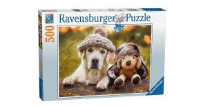 Opakowanie Puzzle 500 Pies i pluszak w czapkach