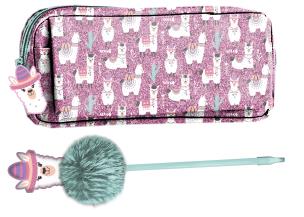 Opakowanie PIÓRNIK BROKATOWY + DŁUGOPIS Z POMPONEM I OZDOBĄ PASO LAMA PP19LA-3265