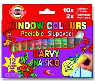 Farby witrażowe 10,5ml 10 kolorów + 2 kontury. Wydawca: Koh-I-Noor. Multiszop.pl Opakowanie Farby witrażowe 10,5ml 10 kolorów + 2 kontury