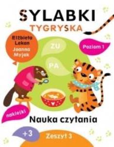 Sylabki Tygryska. Nauka czytania zeszyt 3. Autor: Lekan Elżbieta, Joanna Myjak (ilustr.). Multiszop.pl Okładka książki Sylabki Tygryska. Nauka czytania zeszyt 3