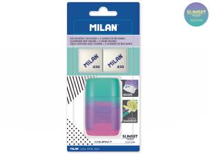 Opakowanie Temperówko z gumką Milan zielono-fioletowo-różowa, 2 gumki 430, COMPACT SUNSET na blistrze