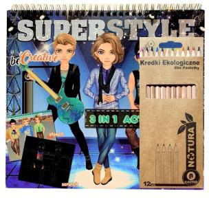 Opakowanie Zestaw malowanka kreatywna Super style z neonowymi zdrapywankami + 12 kredek