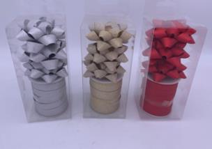 Opakowanie Zestaw wstążka brokatowa 1cm x 10m + 3 rozetki 6cm. Srebrna