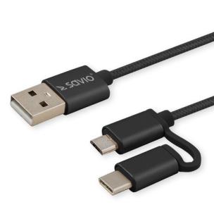Opakowanie Kabel SAVIO CL-128 (Micro USB typu B, USB typu C - USB 2.0 typu A ; 1m; kolor czarny)