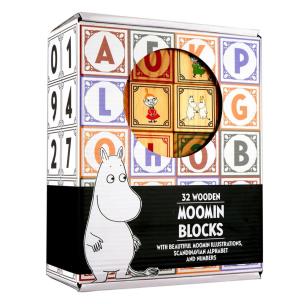 Klocki drewniane alfabet 32 klocki Muminki. Wydawca: Barbo Toys. Multiszop.pl Opakowanie Klocki drewniane alfabet 32 klocki Muminki