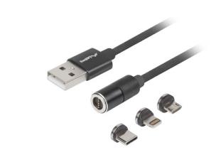 Opakowanie LANBERG KABEL COMBO MAGNETYCZNY USB-A -> USB MICRO(M) + LIGHTNING(M) + USB-C(M) 2.0 1M (CZARNY, QC 3.0) CA-3IN1-20CU-0010-BK