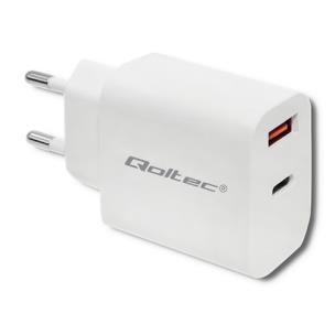 Opakowanie QOLTEC ŁADOWARKA SIECIOWA 18W | 5-12V | 1.5-3A | USB TYP C PD | USB QC 3.0 | BIAŁA