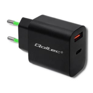 Opakowanie QOLTEC ŁADOWARKA SIECIOWA 18W | 5-12V | 1.5-3A | USB TYP C PD | USB QC 3.0 | CZARNA