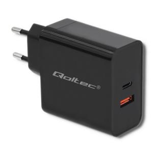 Opakowanie QOLTEC ŁADOWARKA SIECIOWA 63W | 5-20V | 1.5-3A | USB TYP C PD | USB QC 3.0 | CZARNA