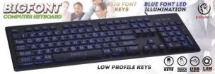 Opakowanie REBELTEC PEŁNOWYMIAROWA KLAWIATURA 104 KLAWISZE PODŚWIETLANA NA NIEBIESKO BIGFONT