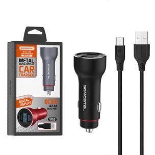 Opakowanie SOMOSTEL ŁADOWARKA SAMOCHODOWA 5A CZARNA MIERNIK + KABEL MICRO 30W 2XUSB DUAL QUICK CHARGE QC 3.0 METAL SMS-A89 CZARNA