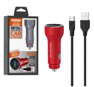 Opakowanie SOMOSTEL ŁADOWARKA SAMOCHODOWA 5A CZERWONA MIERNIK + KABEL TYP-C 30W 2XUSB DUAL QUICK CHARGE QC 3.0 METAL SMS-A89 CZ