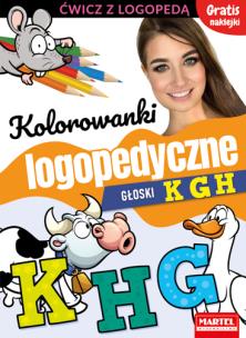 Kolorowanki logopedyczne z naklejkami. Głoski K G H. Autor: Magdalena Małecka, AGNIESZKA ANNA WIATROWSKA. Multiszop.pl Okładka książki Kolorowanki logopedyczne z naklejkami. Głoski K G H
