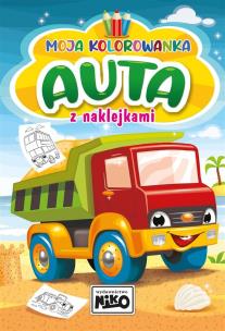 Auta. Moja kolorowanka z naklejkami. Autor: Artur Rajch. Multiszop.pl Okładka książki Auta. Moja kolorowanka z naklejkami