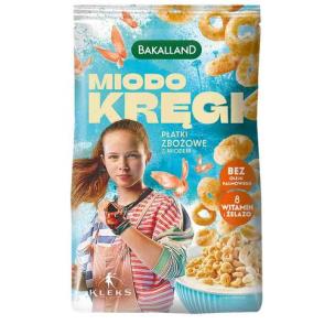 Opakowanie Bakalland KLEKS Miodo Kręgi Płatki zbożowe z miodem wzbogacone w witaminy i żelazo 250 g