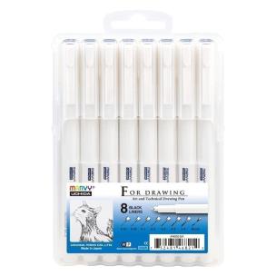 Cienkopisy graficzne czarne 8 grubości. Wydawca: Marvy. Multiszop.pl Opakowanie Cienkopisy graficzne czarne 8 grubości