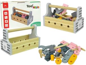 Opakowanie Drewniany zestaw narzędzi: śruby, nakrętki...