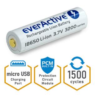 Okładka książki EVERACTIVE AKUMULATOR 18650 3,7V LI-ION 3200MAH MICRO USB Z ZABEZPIECZENIEM FWEV1865032MBOX
