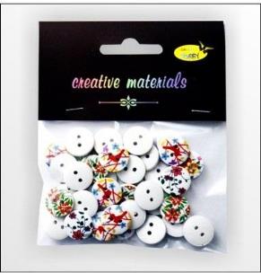 Opakowanie Guziki drewniane białe nadruk kwiaty 15mm 15g