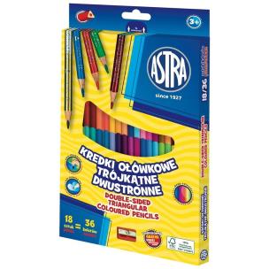 Kredki ołówkowe trójkątne dwustronne 18 kolorów 36 szt. z temperówką. Wydawca: ASTRA art-pap. Multiszop.pl Opakowanie Kredki ołówkowe trójkątne dwustronne 18 kolorów 36 szt. z temperówką