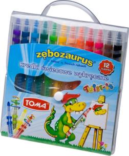 Kredki świecowe wykręcane Twist-it Zębozaurus 12 kolorów. Wydawca: TOMA. Multiszop.pl Opakowanie Kredki świecowe wykręcane Twist-it Zębozaurus 12 kolorów