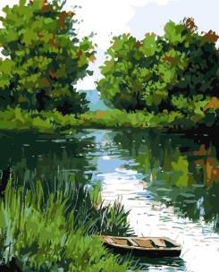 Malowanie po numerach - Łódź na rzece 40x50cm. Wydawca: Qbee. Multiszop.pl Opakowanie Malowanie po numerach - Łódź na rzece 40x50cm