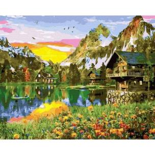 Opakowanie Malowanie po numerach Wieś nad jeziorem górskim
