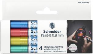 Marker akrylowy Schneider Paint-It Metallic 4 sztuki (niebieski, czerowny, żółty, zielony). Wydawca: Schneider. Multiszop.pl Opakowanie Marker akrylowy Schneider Paint-It Metallic 4 sztuki (niebieski, czerowny, żółty, zielony)