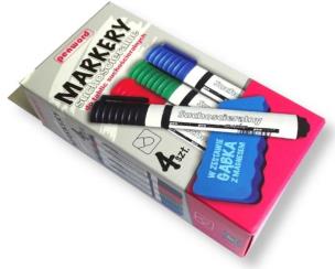 Opakowanie Markery suchościeralne 4 kolory + gąbka