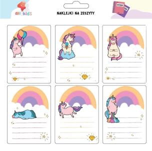 Naklejki na szafkę i zeszyt Tęczowe jednorożce. Wydawca: All4Kids. Multiszop.pl Opakowanie Naklejki na szafkę i zeszyt Tęczowe jednorożce